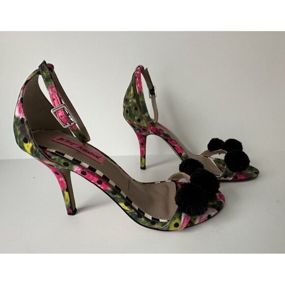 Betsey Johnson Lylly Puff Ankle Strap Sandals Size 7.5 Pom Pom Stiletto Heels - Picture 5 of 8